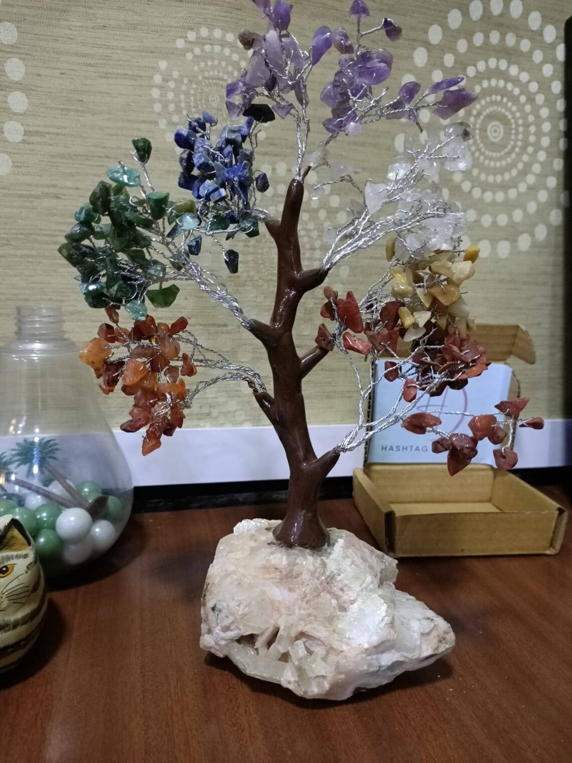 Seven Chakra Crystal Tree with Raw rock cluster Base , Healing Crystals and Healing Stones ,Tree of life for Vastu remedy and Feng Shui Gift